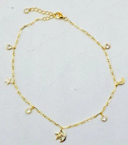 Moon & Stars Charm Gold Tone Sterling Silver Anklet Link Chain 9-10" - Picture 1 of 4