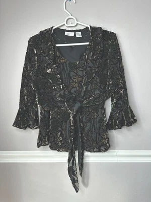 Women’s VTG 2 Piece Burnout Velvet Top Beaded Sheer Green Black Y2K Ties - Image 1 of 4