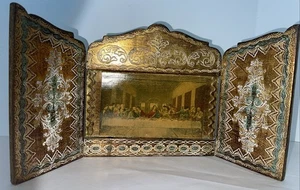 Triptychon Letztes Abendmahl religiöse Ikone vergoldet Holz Dreifachklapptafeln Italien Antik - Bild 1 von 12