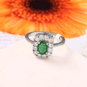 Genuine Emerald & Diamond Halo Ring 925 Sterling Silver  Oval Green GemstoneRing - Picture 1 of 8