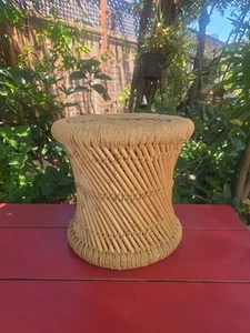 Vtg Table Plant Stand Ottoman Stool Bamboo Rattan Wicker Woven Boho Mid Century - Picture 1 of 11