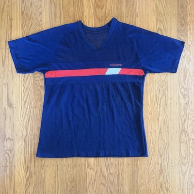 Vintage 80s Adidas V-Neck Mesh T Shirt Trefoil Single Stitch Made In USA Large - Image 1 of 4