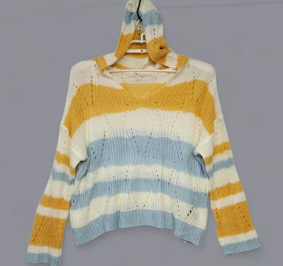 Suéter POL para mujer mediano amarillo azul blanco rayas tejido abierto suéter con capucha Foto 1 de 4