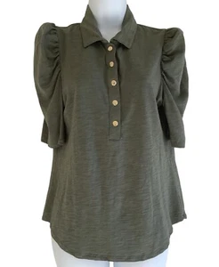 Chico’s Puff Sleeve Slub Cotton Modal Collared Henley Snap Dark Moss Size 0/S - Picture 1 of 10