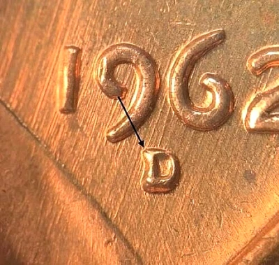 1962 D Lincoln Cent-"RPM-1MM-023 Variety"-(Die Gouge & Die Dent Error)-AU/Red! - Image 1 of 4