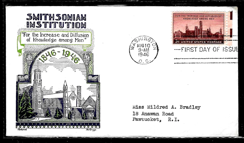 943 3c Stamp (1946) SMITHSONIAN INSTITUTE FDC BY FLEETWOOD & KNAPP CACHETS - Image 1 of 1
