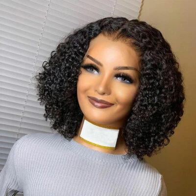 Парики короткие Bob Kinky кудрявые 4x4 парики с кружевной передней частью черные человеческие волосы предварительно выщипанные ежедневно - Изображение 1 из 4