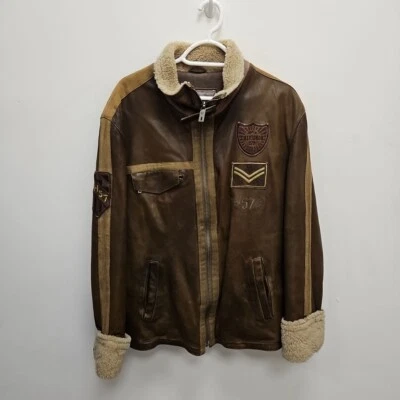 Chevignon 57 Vintage Brown Leather Chunky Aviator Bomber Fur Lined Jacket Large - Image 1 of 4