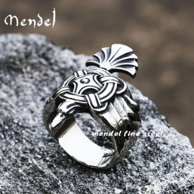 MENDEL Mens Statement Norse Viking Celtic Knot Raven Crow Ring Size 7 8 9 10-15 - Image 1 of 4