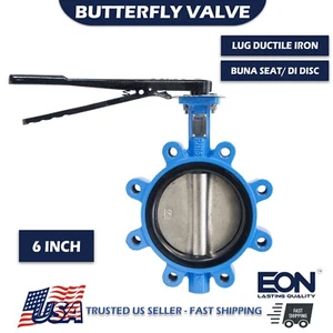 6" Lug Butterfly Valve 200PSI, Ductile Iron Body BUNA Seat Nickel Plated DI Disc - Picture 1 of 2