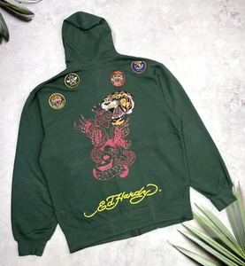 Ed Hardy Zip Up Hoodie Christian Audigier Tiger & Skull Green Y2K size XXL - Picture 1 of 21