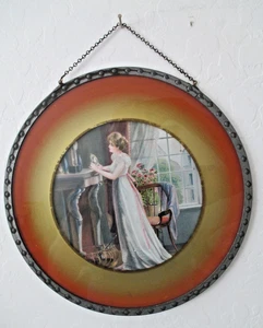 Antike Schornsteinabdeckung viktorianisch liebende Frau rund Wandbehang 9,5" Germany AZ59 - Bild 1 von 8