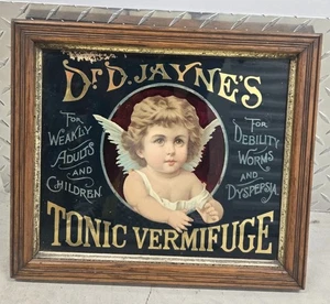ANTIKES RÜCKSEITIG BEMALTES GEPRÄGTES Ad DR. D. JAYNE'S TONIC VERMIFUGE GLASBILD - Bild 1 von 18