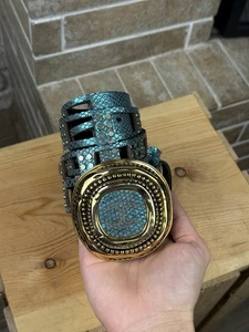 Just Cavalli Turquoise Embossed Leather Belt with Ornate Gold-Tone Buckle Size85 - Picture 1 of 10