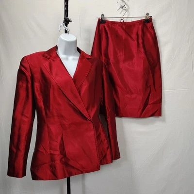 Etcetera Women’s 2PC Blazer(2) Skirt(0) Suit Set Red Silk Taffeta Power Suit - Image 1 of 4
