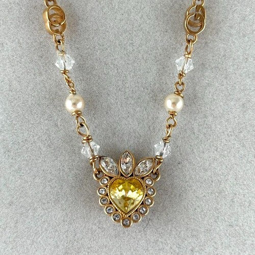 Collana Gucci GG Doppia G Pietra Gialla Motivo Cuore Ciondolo Tono Oro 15 9 in