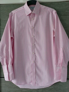 Mens Charles Tyrwhitt Non Iron Pink and White Striped D/C Shirt 16" Worn Once - Picture 1 of 6