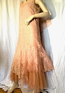 Vestido de noche vintage años 30 rosa encaje Art Deco solapa 100 % seda sin mangas S - Imagen 1 de 22