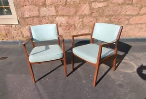 PAIR of Mid-Century BOLING Walnut Frame Office Arm Chairs w/ Original Upholstery - Picture 1 of 13