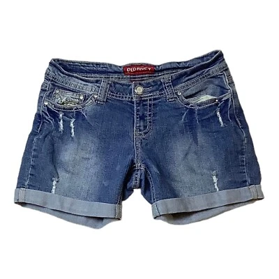 Pantalones cortos rojos con remaches con puños para mujer talla 5 azul denim elástico Foto 1 de 4