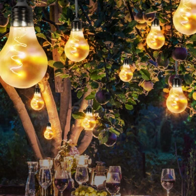 10x LED Glüh Lampen Solar Lichter Kette grau Akku Veranda Außen Hänge Leuchten - Bild 1 von 4