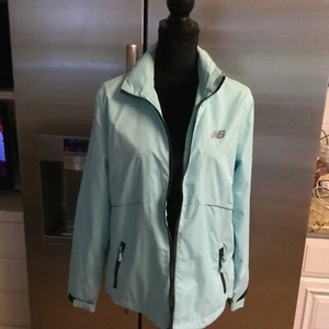 NEW BALANCE Womens Medium Windbreaker Rain Jacket Hood Zip Pockets Running Blue - Picture 1 of 7