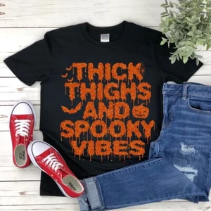 Thick Thighs and Spooky Vibes Glitter t shirt fall Halloween womens pumpkin bat - Picture 1 of 2