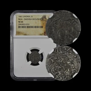 LIVONIA. 1661, 1 Solidus, Silver - NGC VF35 - Carl XI, Sweden, Riga, Griffin - Picture 1 of 5