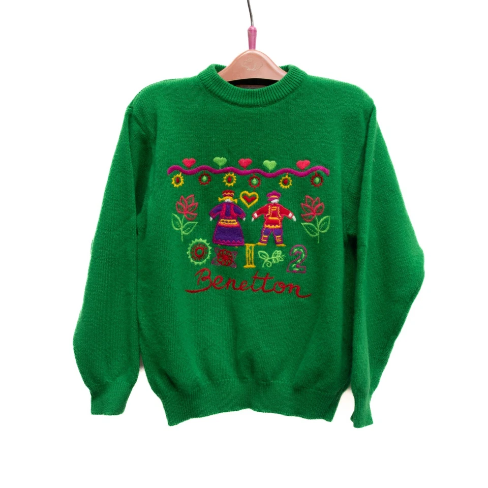 Vtg Benetton Sweater Kids 012 Green Embroidered Folk Motif Wool Girls Colorful - Image 1 of 4