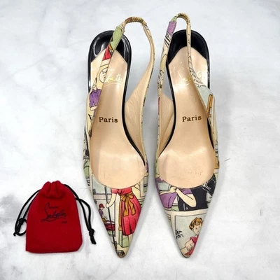 Christian Louboutin Vintage Retro Comic Print Slingback Pointed Toe Pumps Heels - Image 1 of 4