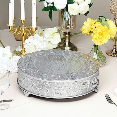 SILVER 18" wide Round Floral Embossed Cake Stand Cupcake Display Wedding Party - Image 1 of 4
