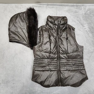 Henig Furs Women’s Vest Microfibra Outer Fur Trim Hood Zip Off Hood No Size Tag - Picture 1 of 12