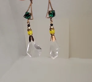Pendientes colgantes checos de latón verde, amarillo y vidrio transparente vintage de 1920 bohemio - Imagen 1 de 21