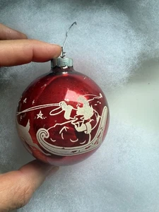 Vintage glänzende rote Schablone Weihnachtsmann Schlitten Rentier Quecksilber Glas Weihnachtsschmuck - Bild 1 von 8