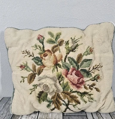 Vintage Floral Flower Needlepoint Pillow Velvet Back 14x12  *Has Details* - Image 1 of 4
