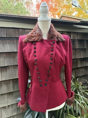 Chaqueta Blazer Vintage Años 50 Peplum Borgoña Lana Bordeada Piel Talla S/M Verde Natalie Foto 1 de 4