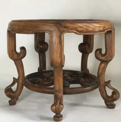 Antiguo soporte de mesa de exhibición redondo de colección chino tallado huanghuali grande Foto 1 de 4