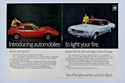 1970 Buick GS 455 & Opel GT Light Your Fire White Original Print Ad CF 16 x 11" - Image 1 of 4
