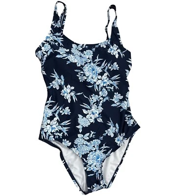 OP Swimsuit Women's 10 Blue Floral 1 pc Tank Fully Line Swim Removable Cup - Image 1 of 4