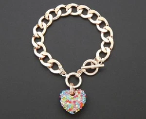 Rose Gold Toned Puffy Heart Multi Color Rhinestone Charm Toggle Bracelet - Picture 1 of 1