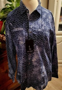 SMASH TRENDS Blue LS Shirt Snap down Distressed Shark Pattern L NWT - Picture 1 of 10