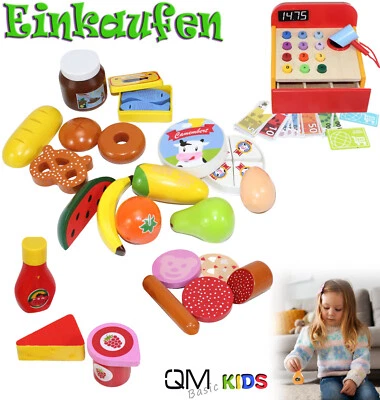 QMBASIC HOLZ Kinder Kasse Lebensmittel Kaufladen Zubehör Set Spiel Laden Kaufmannsladen