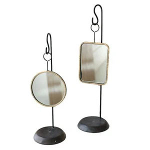 Antiqued Gold Metal Frame Mirror Set Two Round Rectangle Hanging Stand - Picture 1 of 2