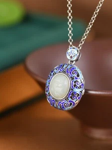 I05 Anhänger Ornament mit weißer Jade mit blauen Ranken Sterling Silber 925 - Bild 1 von 6