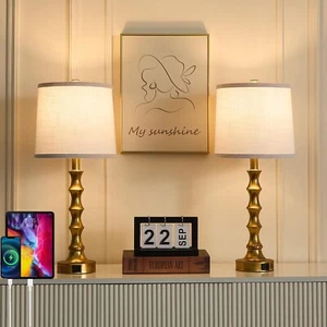 Gold Table Lamp 24" Nightstand Lamps Set of 2 Bamboo Shape Base Metal Desk La... - Picture 1 of 7