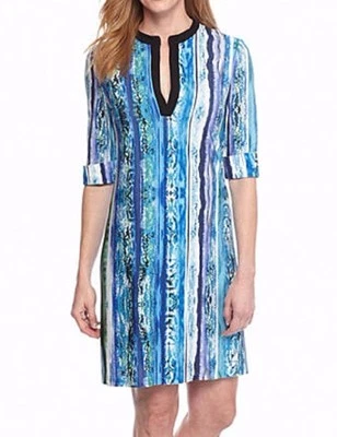 Muse M3649M Blue/Green Multi Split Neck Stretch Jersey Shift Dress -  $100 - Image 1 of 3