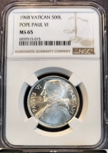 1968 VATICAN SILVER 500 LIRE FAO POPE PAUL VI NGC MS 65 BRIGHT GEM BU - Picture 1 of 3