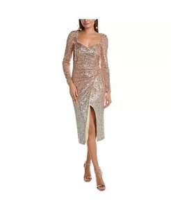 Badgley Mischka Sc3904 Ombre Champagne Sequin Wrap Midi Dress SZ 8 MSRP $695 NWT - Picture 1 of 5