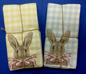 Easter Bunny Cloth Napkins Dinner Table Lunch checkered yellow blue Set of 4 - Picture 1 of 11