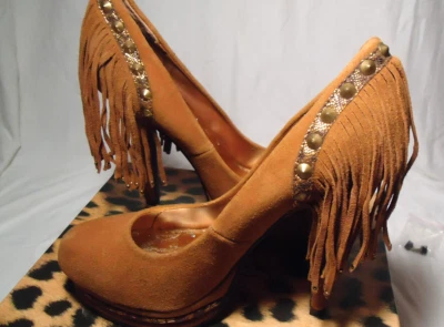 NAUGHTY MONKEY PLATFORM TASSEL PUMP HEELS  TAN SUEDE LEATHER WOMENS SHOES 7.5 - Image 1 of 4